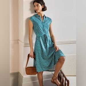 Boden Tie Waist Jersey Shirt Dress Size 14 Polka Dot Button Front Cotton Modal